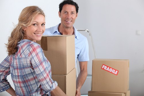 Business premises moving preparation with furniture and archive boxes